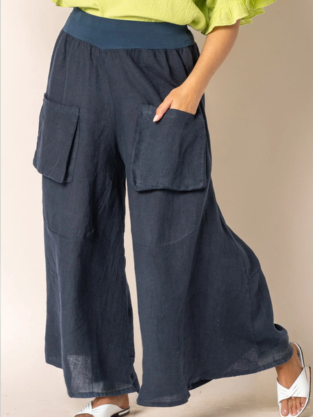 

Casual Plain Pocket Stitching Straight linen-cotton Pants, Royal blue, Pants