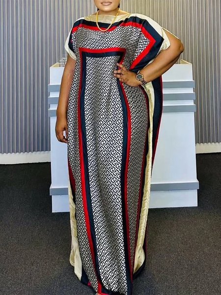 

Elegant Geometric Raglan Sleeve Loosen Printing Off The Shoulder Maxi Dress, As picture, Maxi Dresses