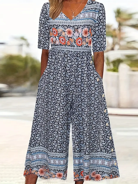 

Women Half Sleeve V Neck Regular Fit Ankle Pants Printing Daily Casual Floral Natural Jumpsuit, As picture, Jumpsuits&Rompers
