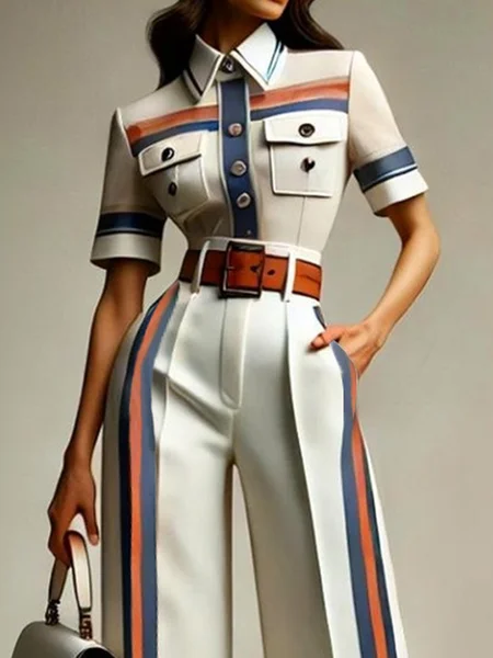 Urban Striped Pockets Shirt Collar Shirt, As picture, Blouses and Shirts