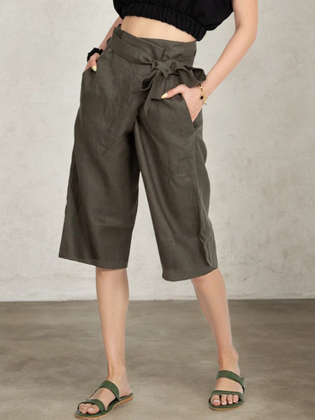 

Casual Plain Asymmetric Straight linen-cotton Pants Shorts, Army green, Shorts