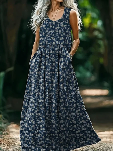 

Women's Sleeveless Summer Purplish blue Floral Printing Crew Neck Daily Going Out Casual Maxi H-Line Tank Dress, Maxi Dresses