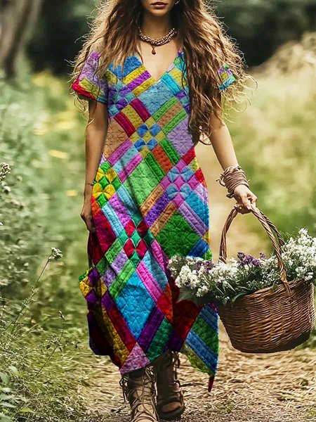 

Women Geometric V Neck Short Sleeve Comfy Casual Maxi Dress, Multicolor, Maxi
