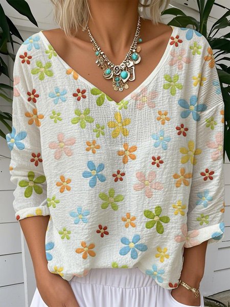 

V Neck Floral Vintage Jersey T-Shirt, White, Long sleeves