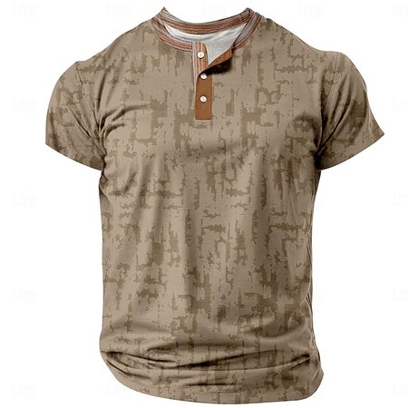 

Men's Retro Casual Loose Cotton Blended Short Sleeve Henley Shirt, Khaki, T-shirts