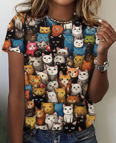 

Funny Cat Print T-Shirt, Multicolor, T-shirts