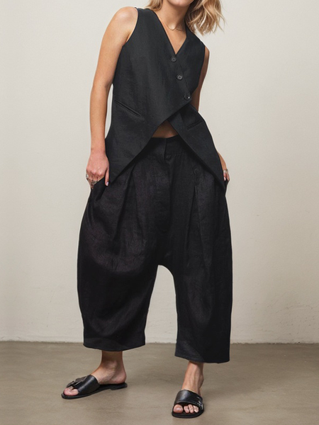 

Casual Plain linen-cotton Two-Piece Set, Black, Suits