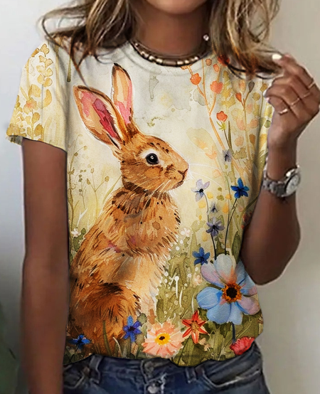 

Bunny Easter Flowers Print T-Shirt, Yellow, T-shirts