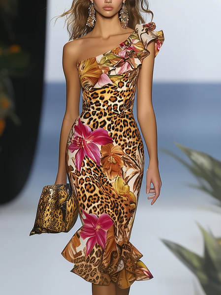 Urban Floral One Shoulder Sleeve Printing Midi Dress, As picture, Midi Dresses