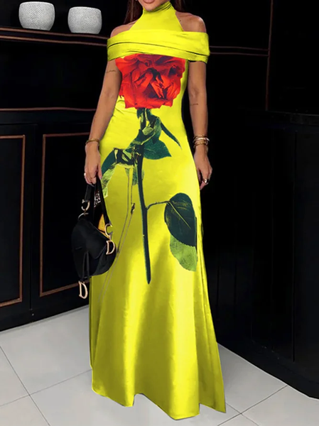 

Plus Size Halter Urban Off Shoulder Sleeve Regular Fit Floral Dress, Yellow, Plus Dresses
