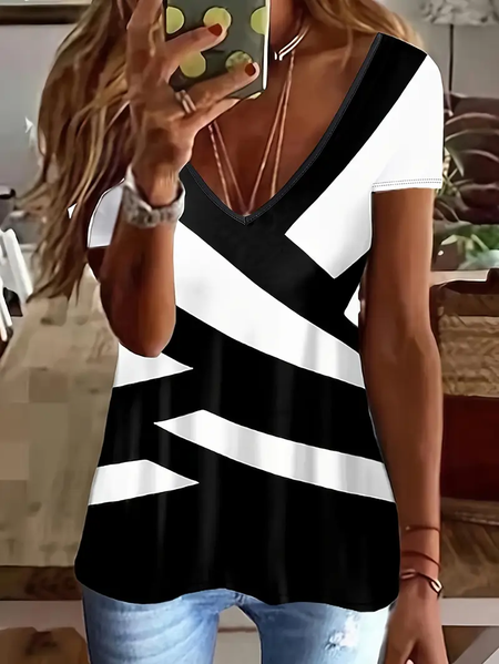 

Casual Striped V Neck Short Sleeve T-shirt, Black-white, T-shirts