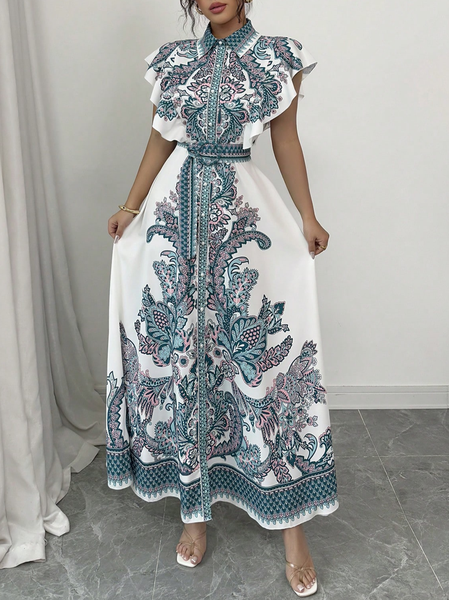 

Vacation Floral Ruffle Sleeve Maxi Dress With Belt, As picture, Maxi Dresses