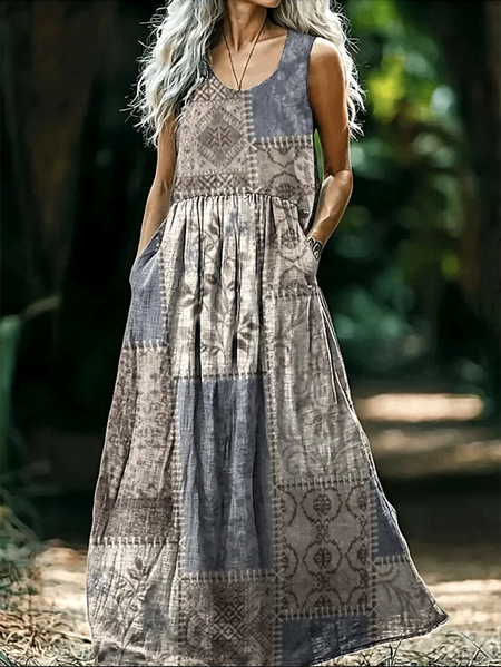 Women Geometric Crew Neck Sleeveless Comfy Casual Maxi Dress, Light gray, Maxi