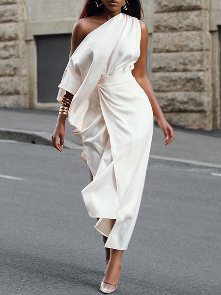 

Urban Plain Irregular Craftsmanship One Shoulder Maxi Dress, White, Maxi Dresses