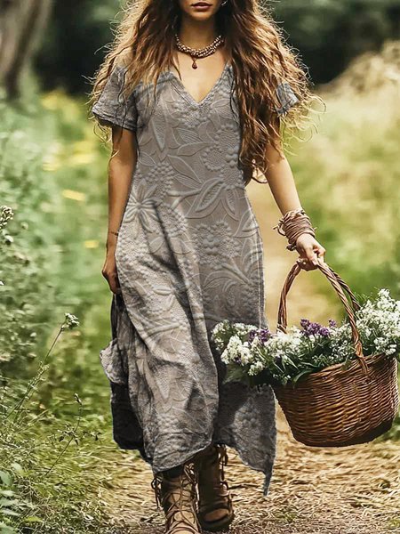 

Women Geometric V Neck Short Sleeve Comfy Casual Maxi Dress, Taupe, Maxi