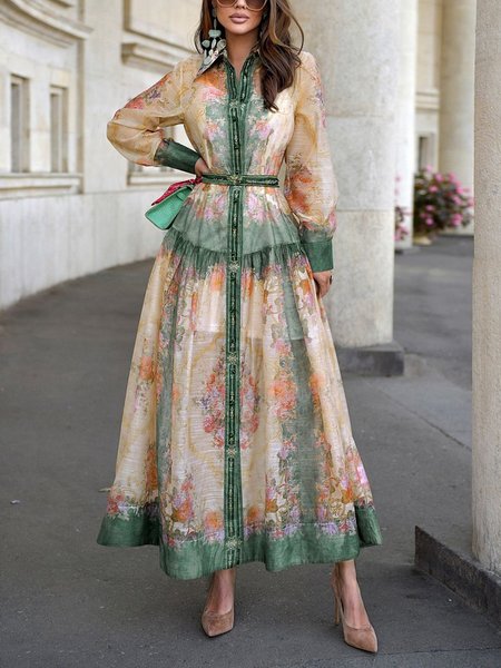 

Elegant Floral Printing Shirt Collar Loosen Maxi Dress With Belt, As picture, Maxi Dresses