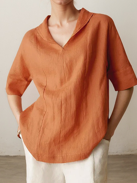 

Linen Casual Plain Shawl Collar linen-cotton Blouse, Orange, Blouses & Shirts