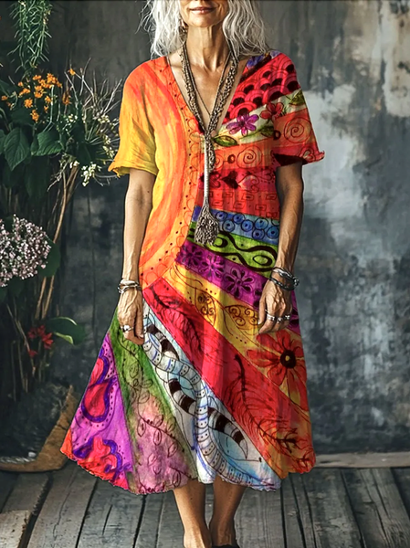 

Women Geometric V Neck Short Sleeve Comfy Casual Maxi Dress, Orange, Maxi