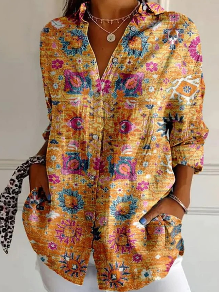 Shirt Collar Long Sleeve Abstract Regular Micro-Elasticity Regular Fit Shirt For Women, As picture, Blouses