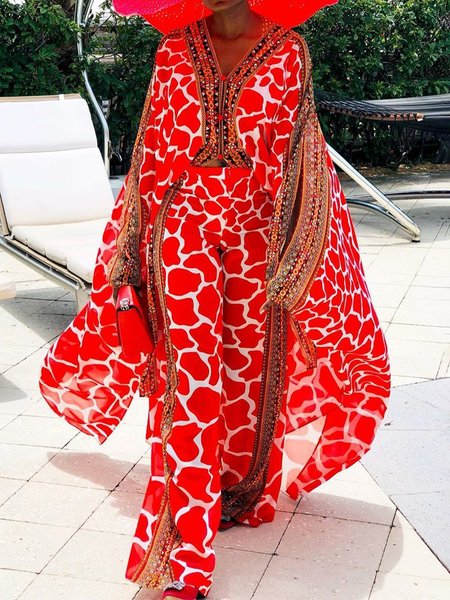 

Vacation Raglan Sleeve Printing Geometric V Neck Kimono, Red, Kimonos