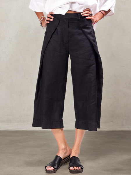 Casual Plain Straight linen-cotton Pants Shorts, Black, Shorts