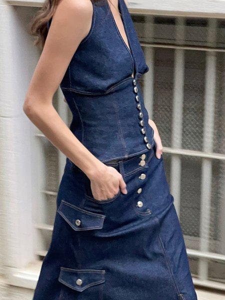 

Urban Buttoned Plain V Neck Denim Vest, Blue, Vests and Gilets