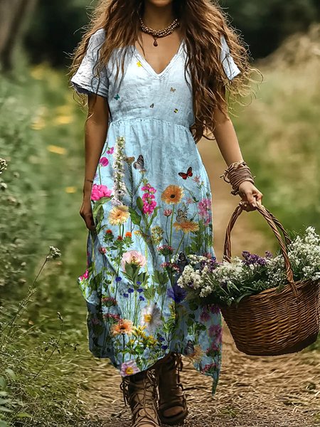 

Women Floral V Neck Short Sleeve Comfy Casual Maxi Dress, Light blue, Maxi