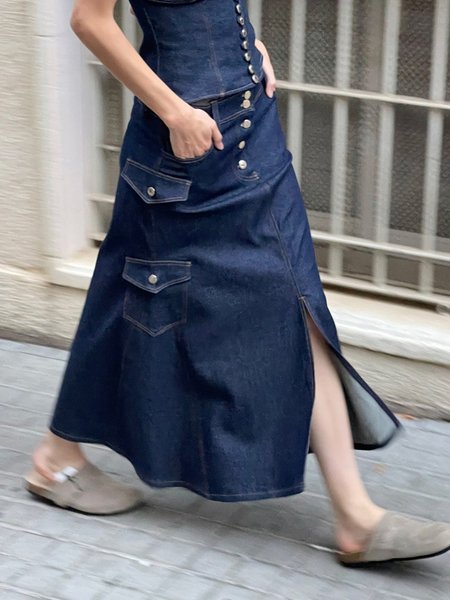 

Urban Buttoned Plain Maxi Denim Skirt, Blue, Denim Skirts