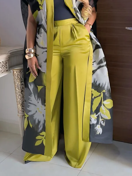 Satin Elegant Plain Wide Leg Pants, Yellow, Pants