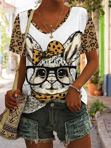 

Women's Easter Cute Bunny Leopard Print Casual Cotton Blend V-Neck T-Shirt, As picture, T-shirts