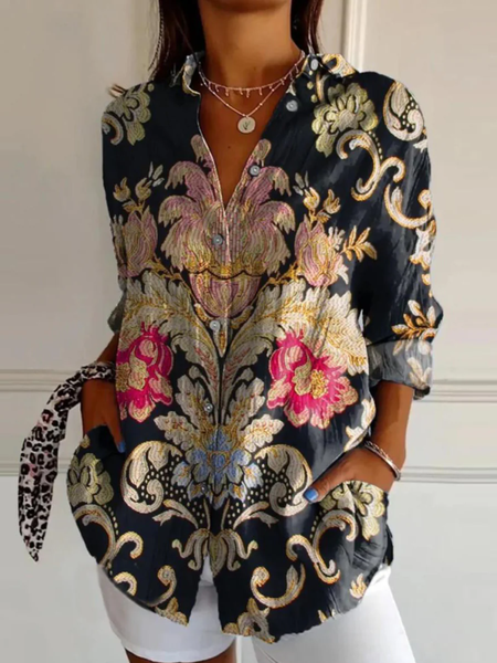 

Ethnic Floral Art Print Casual Shirt For Women, Multicolor, Shirts