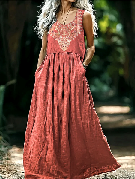 Floral Regular Fit Casual V Neck Dress With No Belt, Red, Maxi Dresses