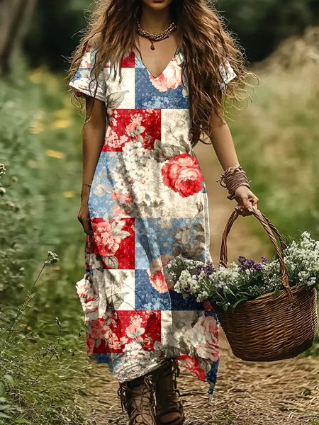 

Women Floral V Neck Short Sleeve Comfy Casual Maxi Dress, Apricot, Maxi