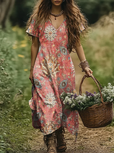 

Women Vintage Floral V Neck Short Sleeve Comfy Casual Maxi Dress, As picture, Dresses