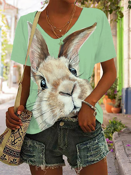 

Women's Cute Rabbit Print Casual Easter Loose T-Shirt, Green, T-shirts