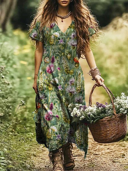 

Women Floral V Neck Short Sleeve Comfy Casual Maxi Dress, Green, Maxi