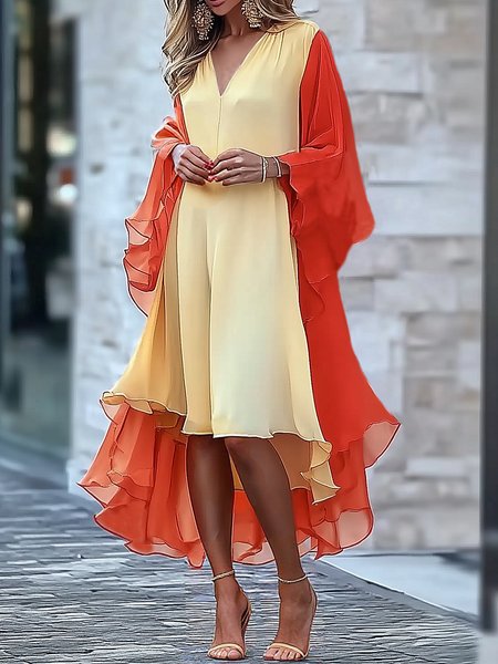 

Vacation Color Block Raglan Sleeves Split Joint Midi Dress, As picture, Midi Dresses