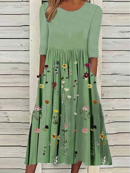 

Women Floral Short Sleeve Summer Printing Dress Crew Neck Daily Casual Maxi Shift Dress H-Line Dress, Green, Casual Dresses