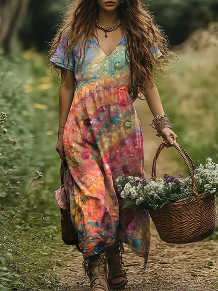 

Regular Fit Casual Floral V Neck Dress With No, As picture, Dresses