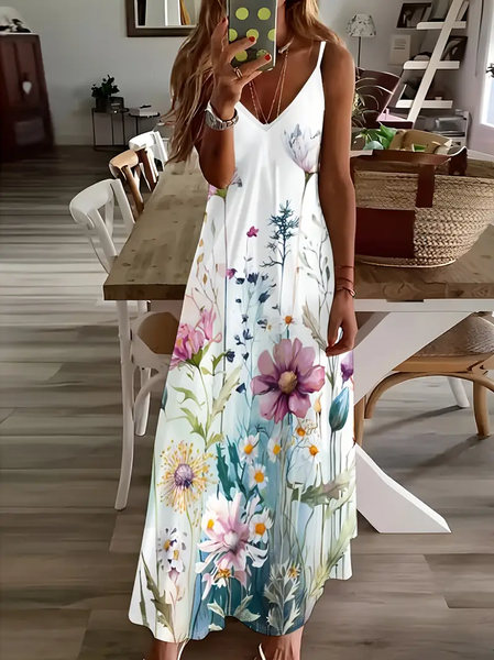 Women Floral V Neck Sleeveless Comfy Casual Printing Maxi Dress, White, Dresses