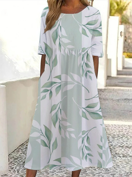 

Women Floral Short Sleeve Summer Printing Dress Crew Neck Daily Casual Maxi Shift Dress H-Line Dress, Green, Casual Dresses