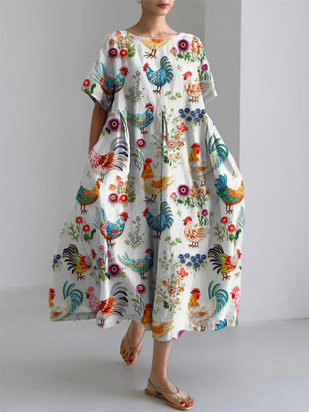 

Women's Farm Chicken And Floral Embroidered Print Short Sleeve Midi Dress, White, Dresses