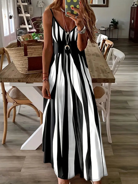 

Women Abstract Stripes V Neck Sleeveless Comfy Casual Printing Maxi Dress, Black, Dresses