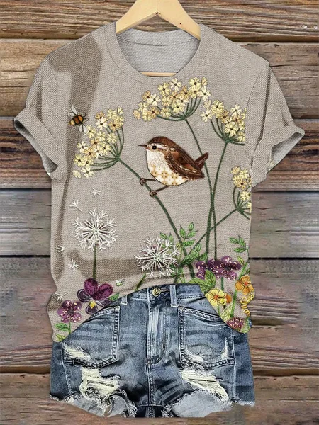 

Crew Neck Regular Fit Casual Floral T-Shirt, Apricot, T-shirts