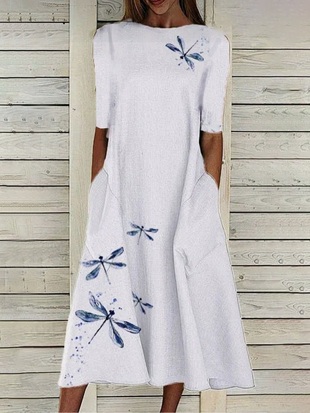 

Women's Short Sleeve Summer White Dragonfly Printing Crew Neck Daily Going Out Casual Maxi H-Line Shift Dress Dress, Maxi Dresses