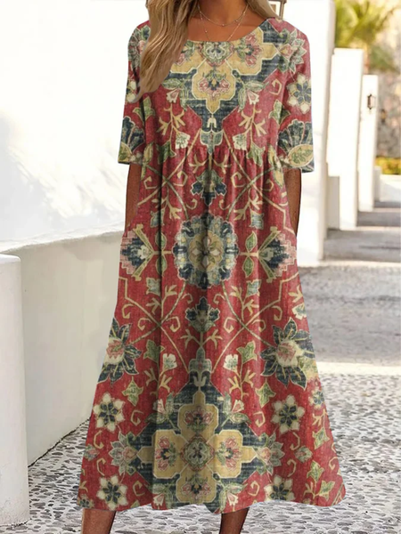 

Women Ethnic Floral Crew Neck Short Sleeve Comfy Casual Maxi Dress, As picture, Dresses
