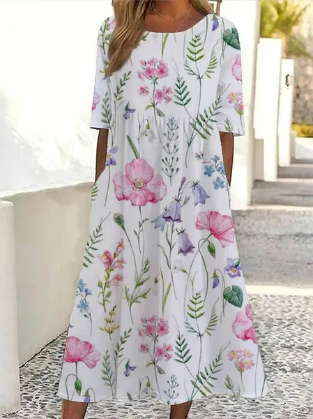 

Women Floral Short Sleeve Summer Printing Dress Crew Neck Daily Casual Maxi Shift Dress H-Line Dress, White, Casual Dresses