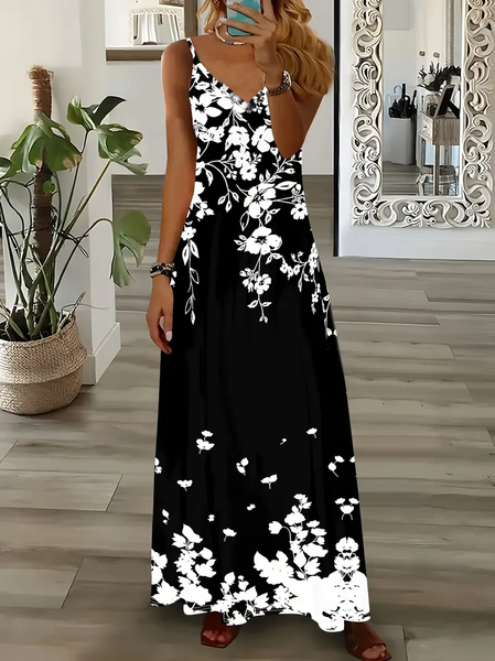 

Women Floral Sleeveless Summer Printing Dress V Neck Daily Casual Maxi Slip Dress X-Line Dress, Black, Casual Dresses