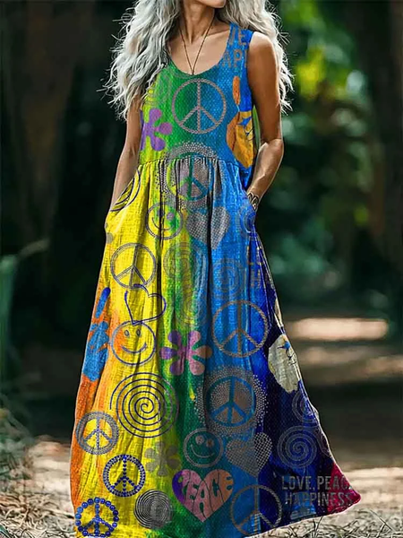 

Women Geometric V Neck Sleeveless Comfy Vintage Maxi Dress, As picture, Dresses