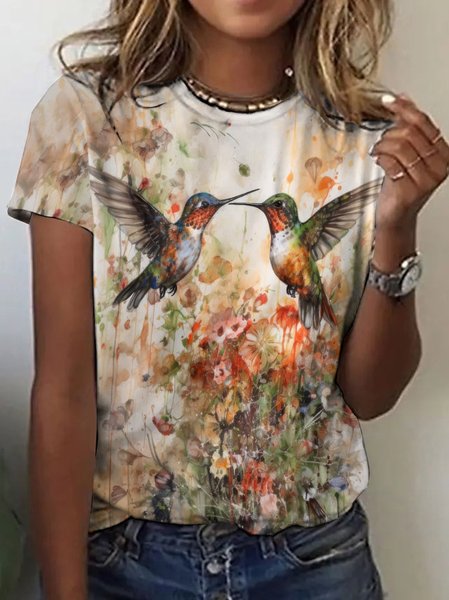 

Casual Floral Crew Neck Short Sleeve T-shirt, Apricot, T-shirts